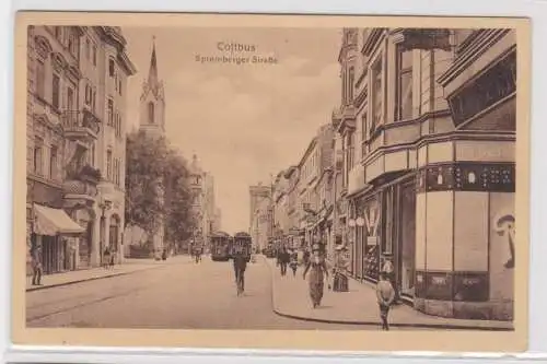 07880 Ak Cottbus Spremberger Straße mit Geschäften und Straßenbahnen 1924