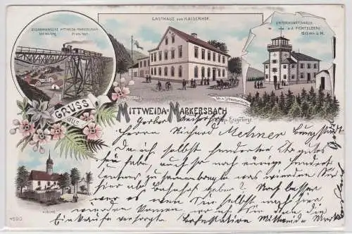 39827 Ak Lithographie Gruß aus Mittweida Markersbach Gasthaus usw. 1902