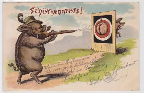 54001 Scherz AK Schützengruss - "Jäger Eber" zielt auf Schweinehintern 1900