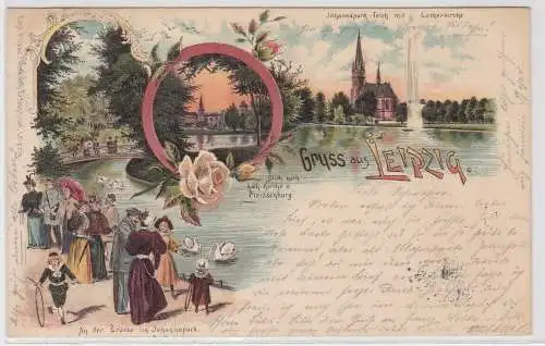43734 Lithographie Ak Gruss aus Leipzig Johannapark-Teich, Kath Kirche, usw 1899