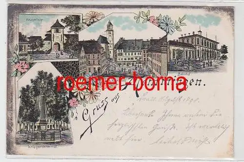 53161 Ak Lithographie Gruß aus Memmingen Bahnhof, Kriegerdenkmal usw. 1898