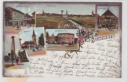 48121 Ak Lithographie Gruß aus Gardelegen Kriegerdenkmal, Gasthof usw. 1901