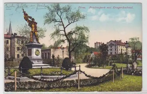 93080 AK Pirna - Friedenspark mit Kriegerdenkmal, Bahnpost Dresden Tetschen 1914