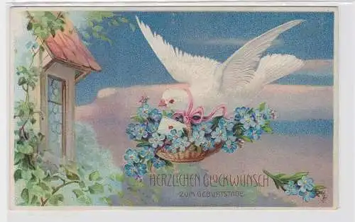 93116 AK Herzlichen Glückwunsch zum Geburtstage - Taube mit Blumenkorb um 1910