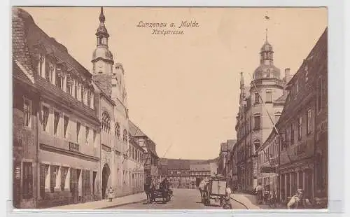 93611 Lunzenau an der Mulde - Königstrasse, Straßenansicht mit Kutschen 1915