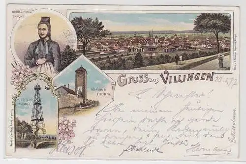 42624 Lithographie Gruss aus Villingen - Romäus Thurm, Aussichtsthurm usw. 1907