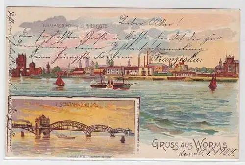 68850 Lithographie Ak Gruss aus Worms - Totalansicht, Eisenbahnbrücke 1900
