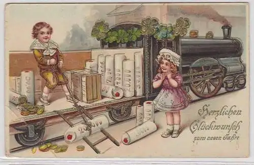 63244 Neujahrs Ak Kinder verladen Geld auf Dampflokomotive 1912