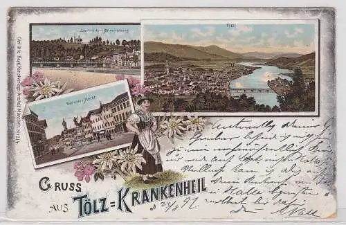 47510 Ak Lithographie Gruß aus Tölz-Krankenheil Isarbrücke usw. 1897
