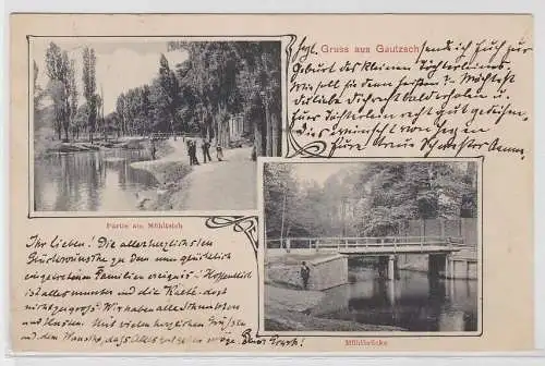 97912 Mehrbild Ak Gruß aus Gautzsch Partie am Mühlteich, Mühlbrücke 1905