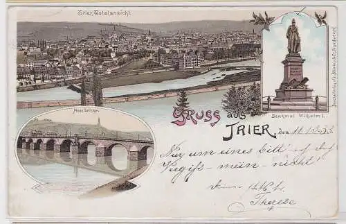 10053 Lithographie Ak Gruss aus Trier Totalansicht, Moselbrücke, Denkmal Wilhelm