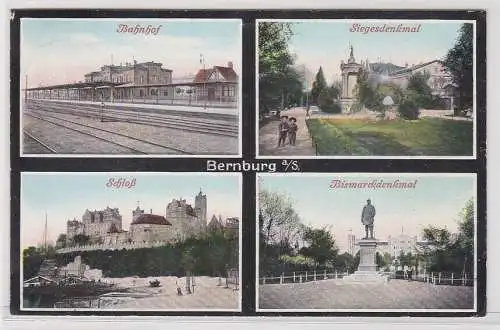 75218 Ak Bernburg a./ S., Bahnhof, Siegesdenkmal, Schloß, Bismarckdenkmal, 1910
