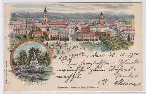 77221 Ak Lithographie Gruß aus Karlsruhe Nymphen Gruppe usw. 1900