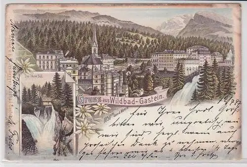47503 Ak Lithographie Gruß aus Wildbad Gastein Totalansicht und Wasserfall 1897