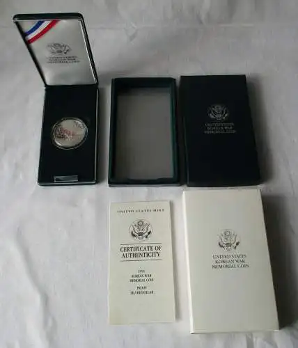 1 Dollar Silber Münze USA 1991 Proof Korean War Memorial Coin PP + Box (101865)