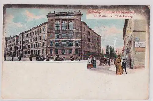908266 Ak Leipzig I.höhere Bürgerschule an Platostraße und Täubchenweg 1906