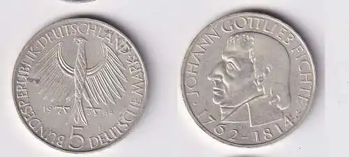 5 Mark Silber Münze Deutschland Johann Gottlieb Fichte 1964 J vz/Stgl. (109575)