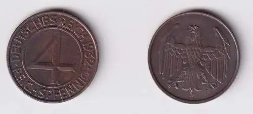 4 Pfennig Kupfer Münze Deutsches Reich 1932 D f.vz  (108486)