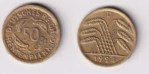 50 Rentenpfennig Messing Münze Weimarer Republik 1924 D Jäger 310 (166334)