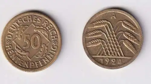 50 Rentenpfennig Messing Münze Weimarer Republik 1924 A Jäger 310 ss (101626)