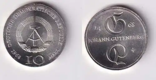 DDR Gedenk Silber Münze 10 Mark Johann Gutenberg 1968 Stempelglanz (166832)