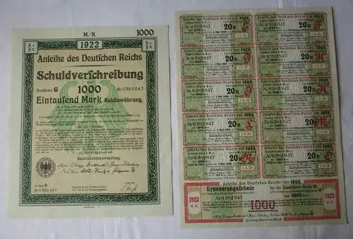 1000 Mark Aktie Schuldverschreibung deutsches Reich Berlin 01.08.1922 (125304)