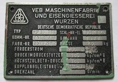 Typen Reklame Metall Plakette VEB Maschinenfabrik Wurzen 1978 (113747)