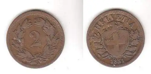 2 Rappen Kupfer Münze Schweiz 1851 A (114379)
