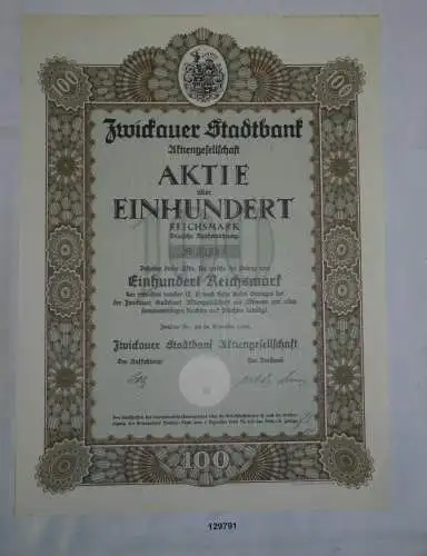 100 Reichsmark Aktie Zwickauer Stadtbank AG 28. Dezember 1926 (129791)