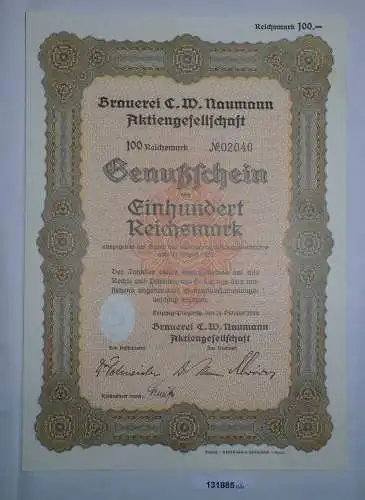 100 RM Genußschein Brauerei C.W. Naumann AG Leipzig-Plagwitz 18.10.1933 (131885)