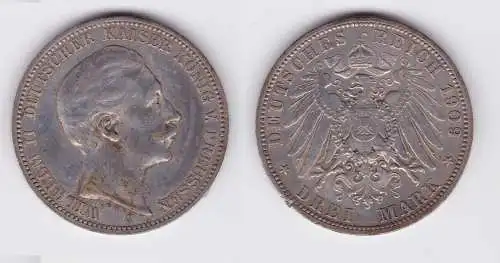 3 Mark Silber Münze Preussen Kaiser Wilhelm II 1909 (124445)