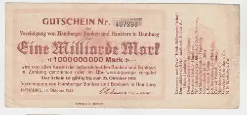 1 Milliarde Mark Banknote Vereinigung von Hamburger Banken 25.10.1923 (112478)