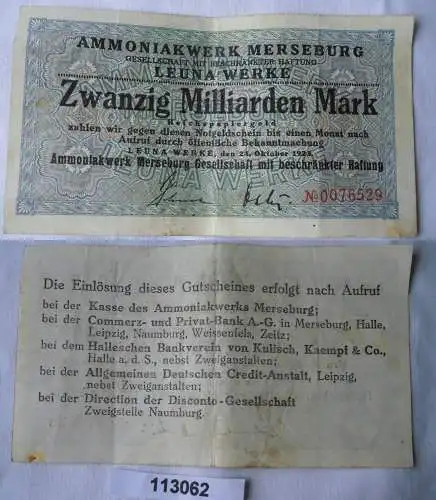 20 Milliarden Mark Banknote Ammoniakwerk Merseburg Leuna Werke 1923 (113062)