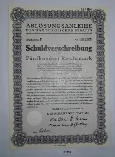 500 Reichsmark Schuldverschreibung des Hamburgischen Staates 1.11.1927 (131752)