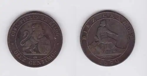 10 Centimos Kupfer Münze Spanien 1870 (124407)