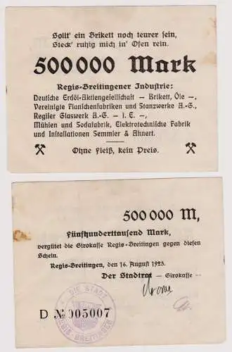 500000 Mark Banknote Regis Breitingener Industrie 16.8.1923 (120904)
