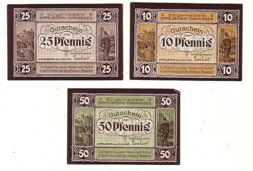 3 Banknoten Notgeld Bürgermeisterei Eppelborn Dirmingen 1921 (114045)