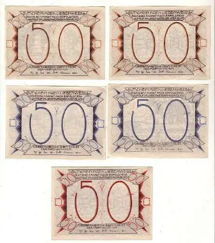 5 Banknoten 50 Pfennig Notgeld Kreis Liebenwerda 1921 (116747)