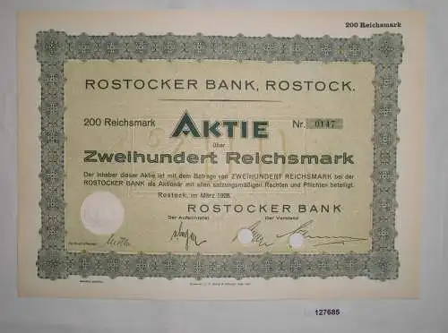 200 Reichsmark Aktie Rostocker Bank März 1928 (127685)