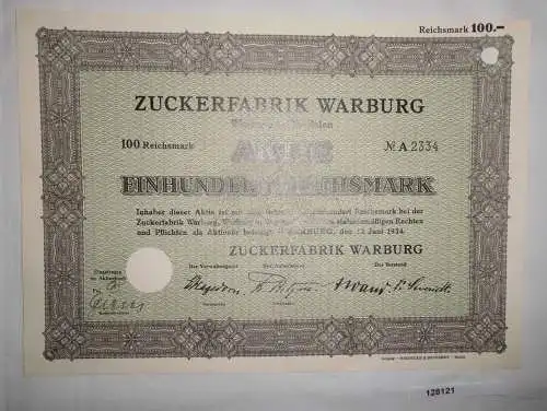 100 RM Aktie Zuckerfabrik Warburg in Westfalen 12. Juni 1934 (128121)