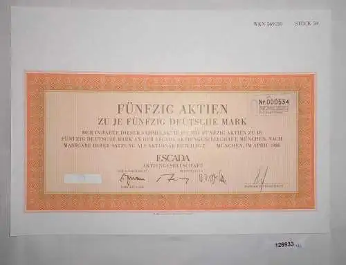 50 Deutsche Mark fünfzig Aktien Escada AG München April 1986 (126933)