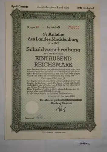 1000 RM Schuldversch. Mecklenburgisches Staatsministerium Finanzen 1942 (128069)