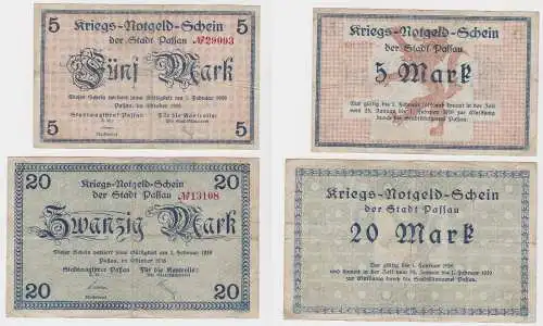 5 und 20 Mark Banknoten Kriegsgeld Stadt Passau Oktober 1918 (130275)