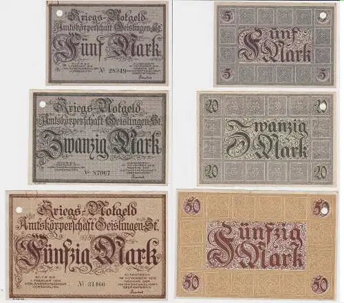5, 20 und 50 Mark Banknoten Kriegsgeld Amtskörperschaft Geislingen 1918 (130373)
