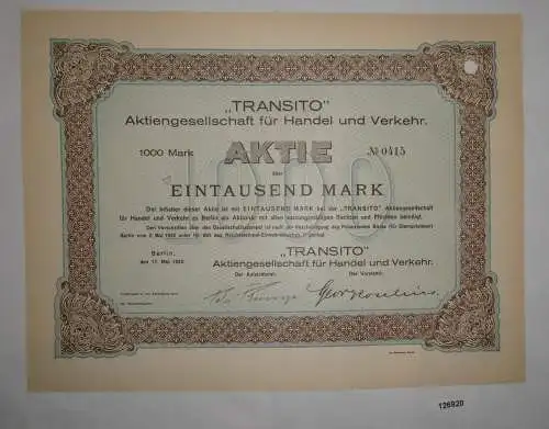 1000 Mark Aktie "Transito" AG für Handel und Verkehr Berlin 17.Mai 1922 (126920)