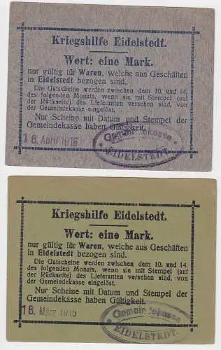2 x 1 Mark Banknoten Kriegshilfe Eidelstedt 16.April 1916 (130058)