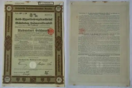 100 Goldmark Pfandbrief Sächsische Bodencreditanstalt Dresden 4.01.1928 (129498)