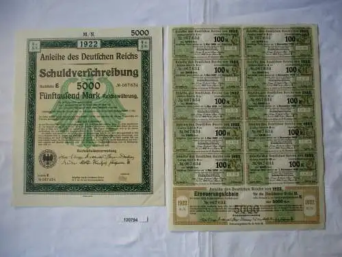5000 Mark Aktie Schuldenverschreibung deutsches Reich Berlin 01.08.1922 (120794)