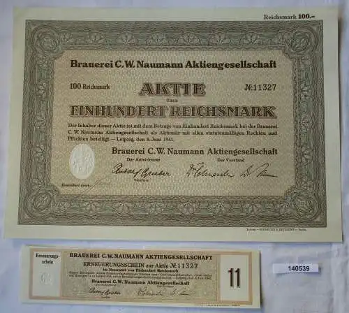100 Reichsmark Aktie Brauerei C.W. Naumann AG Leipzig 6.Juni 1941 (140539)