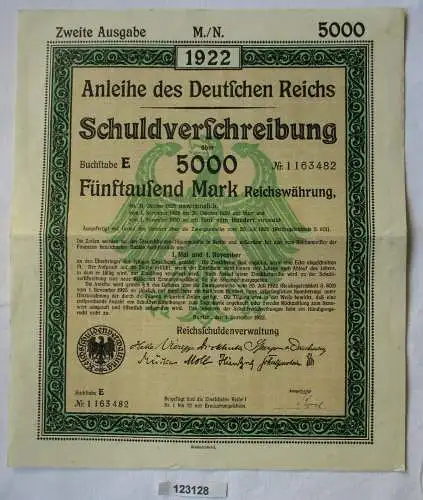 5000 Mark Aktie Schuldenverschreibung deutsches Reich Berlin 01.12.1922 (123128)